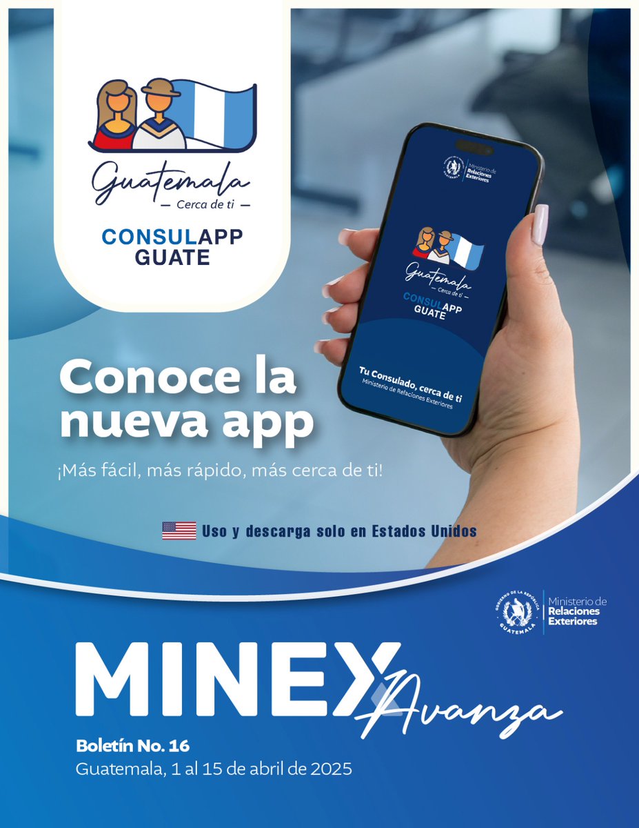 📰 Consulta el boletín "Minex Avanza" y mantente informado sobre las principales actividades de la Cancillería y sus Misiones Diplomáticas y Consulares en el exterior del 1 al 15 de abril de 2025.  

 ¡Revisa todos los detalles aquí!   🔗 issuu.com/minexguatemala…