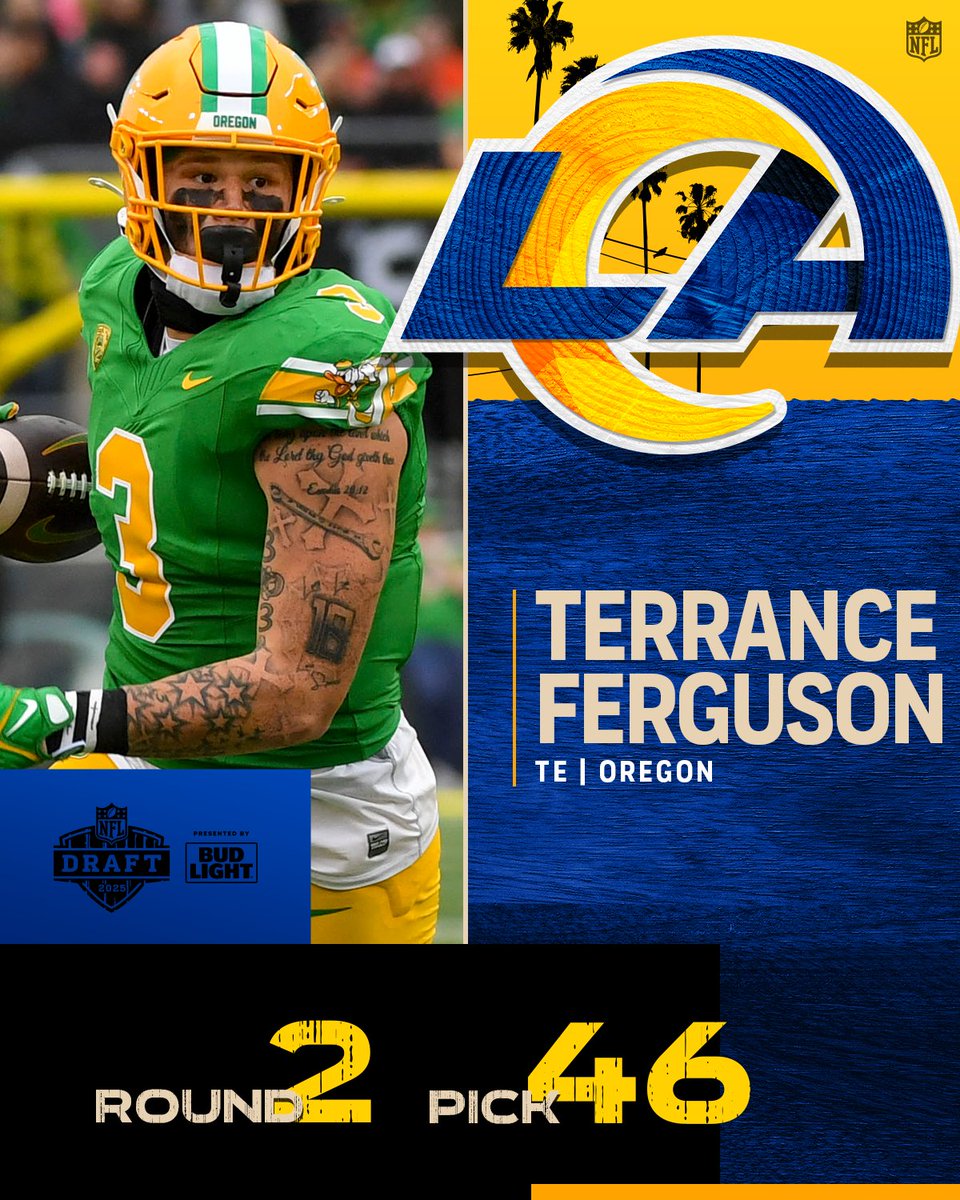 With the No. 46 overall pick in the 2025 <a href="/NFLDraft/">NFL Draft</a>, the <a href="/RamsNFL/">Los Angeles Rams</a> select Terrance Ferguson.

📺: #NFLDraft on NFLN/ESPN/ABC
📱: Stream on <a href="/NFLPlus/">NFL+</a>