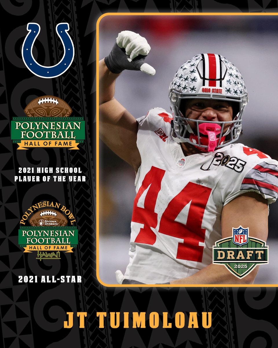 POLYNESIAN BOWL (@polynesiabowl) on Twitter photo Congratulations to 2021 Polynesian Bowl All-Star and 2021 Polynesian High School Football Player of the Year <a href="/JT_Tuimoloau/">Jaylahn Tuimoloau</a> on being selected by the Indianapolis <a href="/Colts/">Indianapolis Colts</a> in the 2025 NFL Draft!
#NFLDraft #PolyBowl 🤙🏽🌴 #PolynesiansInTheNFL Congratulations to 2021 Polynesian Bowl All-Star and 2021 Polynesian High School Football Player of the Year <a href="/JT_Tuimoloau/">Jaylahn Tuimoloau</a> on being selected by the Indianapolis <a href="/Colts/">Indianapolis Colts</a> in the 2025 NFL Draft!
#NFLDraft #PolyBowl 🤙🏽🌴 #PolynesiansInTheNFL