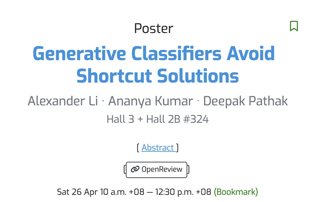 alexlioralexli's tweet image. Excited to be presenting at #ICLR2025 at 10am today on how generative classifiers are much more robust to distribution shift. Come by to chat and say hello!