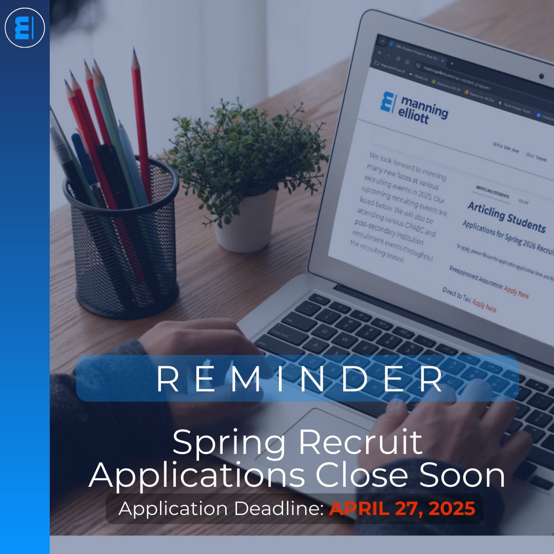REMINDER: Attention aspiring CPA’s! The deadline for our spring 2026 recruitment applications is fast approaching on April 27th. Submit your application today!

Appy here: manningelliott.com/cpa-student-pr…

#manningelliott #AccountingOpportunity #ApplyNow #recruit #careers #accountants