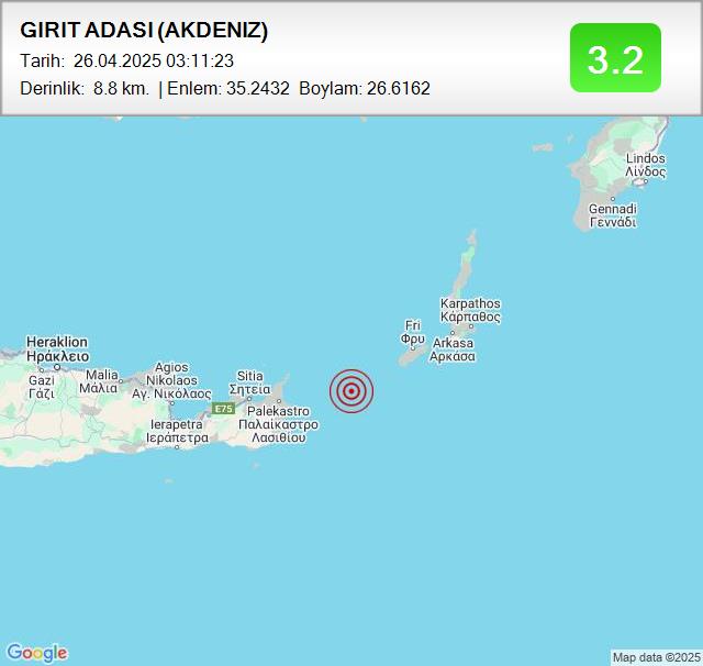 GIRIT ADASI (AKDENIZ)
Büyüklük: 3.2
Tarih:
 26.04.2025
Saat:
 03:11:23
Derinlik:
 8.8 km #deprem #AKDENIZ