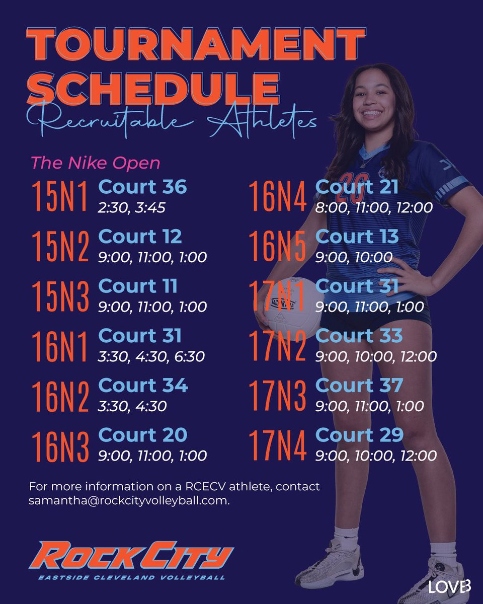 RockCity Eastside Cleveland Volleyball (@rockcityecv) on Twitter photo This Saturday’s RCECV 15-17U girls national tournament schedules at The Nike Open in Cleveland!
For more information on a RCECV athlete please contact samantha@rockcityvolleyball.com.
#RCECV #LOVBClubs #RecruitableAthletes This Saturday’s RCECV 15-17U girls national tournament schedules at The Nike Open in Cleveland!
For more information on a RCECV athlete please contact samantha@rockcityvolleyball.com.
#RCECV #LOVBClubs #RecruitableAthletes