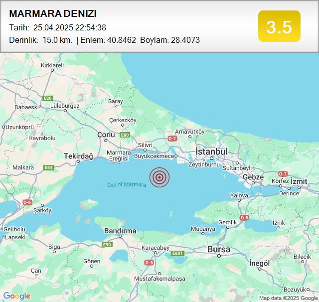 MARMARA DENIZI
Büyüklük: 3.5
Tarih:
 25.04.2025
Saat:
 22:54:38
Derinlik:
 15.0 km #deprem