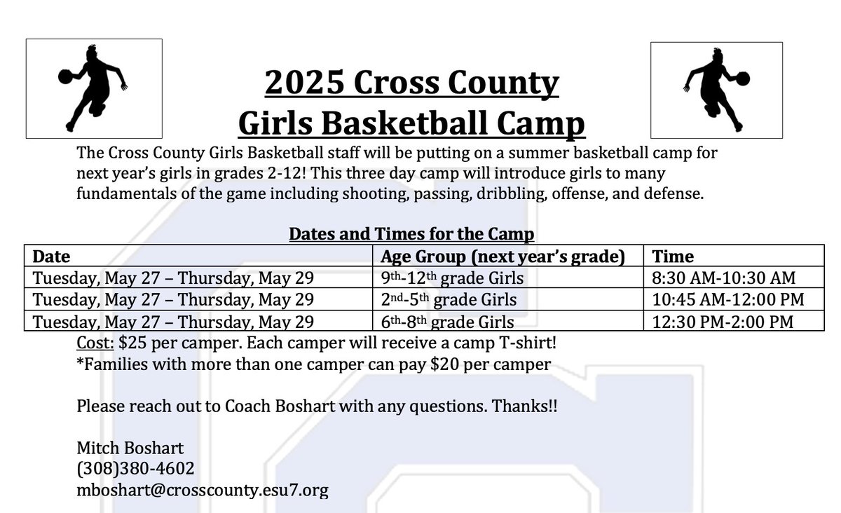 Cross County GBB (@cc_gbb) on Twitter photo Parents, be on the lookout for camp forms coming home from school today with girls in 1st-7th grade! Please have forms in to Coach Boshart or the school office by May 7. <a href="/CrossCounty1/">Cross County</a> Parents, be on the lookout for camp forms coming home from school today with girls in 1st-7th grade! Please have forms in to Coach Boshart or the school office by May 7. <a href="/CrossCounty1/">Cross County</a>