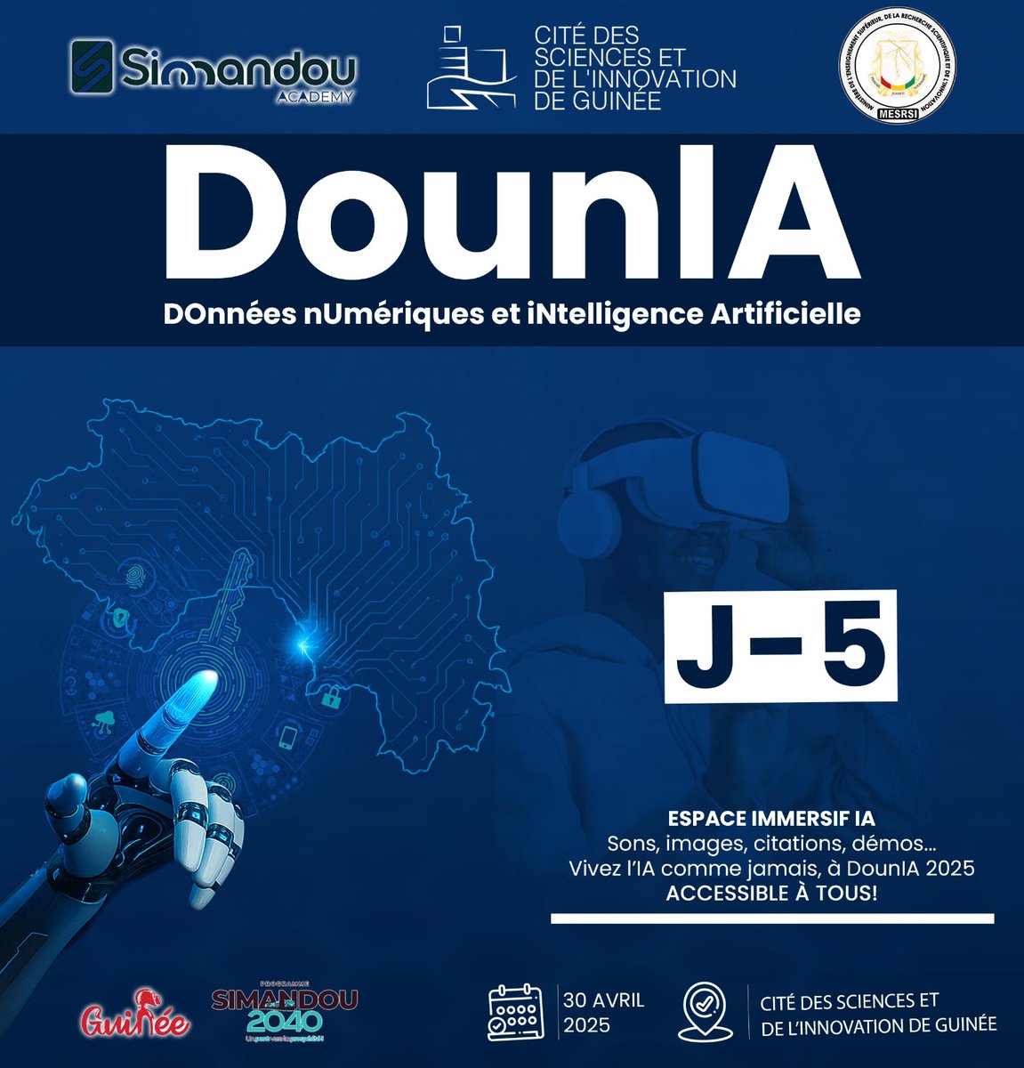 ⏳𝐉-𝟓 𝐃𝐨𝐮𝐧𝐈𝐀 𝟐𝟎𝟐𝟓 – 𝐑𝐄́𝐕𝐄́𝐋𝐀𝐓𝐈𝐎𝐍
       𝐄𝐬𝐩𝐚𝐜𝐞 𝐈𝐦𝐦𝐞𝐫𝐬𝐢𝐟 𝐈𝐀
      Sons, images, citations, démos…
      Vivez l’IA autrement
📍Dès l’entrée, pour tous.

#CSIG #IA #Innovation 
#DounIA2025 #CSIG #MESRSI #Innovation #IA #expérienceimmersive