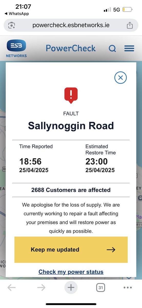 LorraineHallFG's tweet image. Major power outage in Dún Laoghaire / Glenageary tonight. 2,688 households affected. Estimated restore time 23:00.