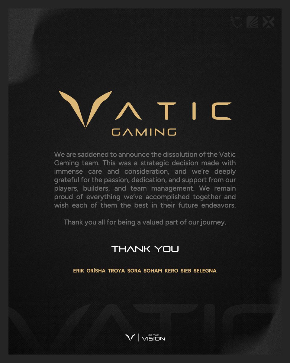 𝑽𝒂𝒕𝒊𝒄 𝑮𝒂𝒎𝒊𝒏𝒈 𝑼𝒑𝒅𝒂𝒕𝒆
We are saddened to announce the dissolution of the Vatic Gaming team. This was a strategic decision made with immense care and consideration, and we’re deeply grateful for the passion, dedication, and support from our players, builders, and