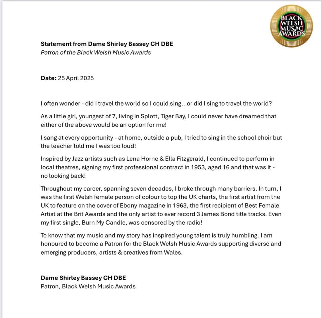 Writing_Reflex's tweet image. Statement from Dame @shirleybassey CH DBE re her new role as Patron of Black Welsh Music Awards @BWMAWales. Absolutely inspiring. We can't wait to get started, with thanks to @IfyIwobiMusic @UzoIwobi and all the team 🙌🏾 #excitingtimes #BlackHistoryMonth #EmpoweringGenerations