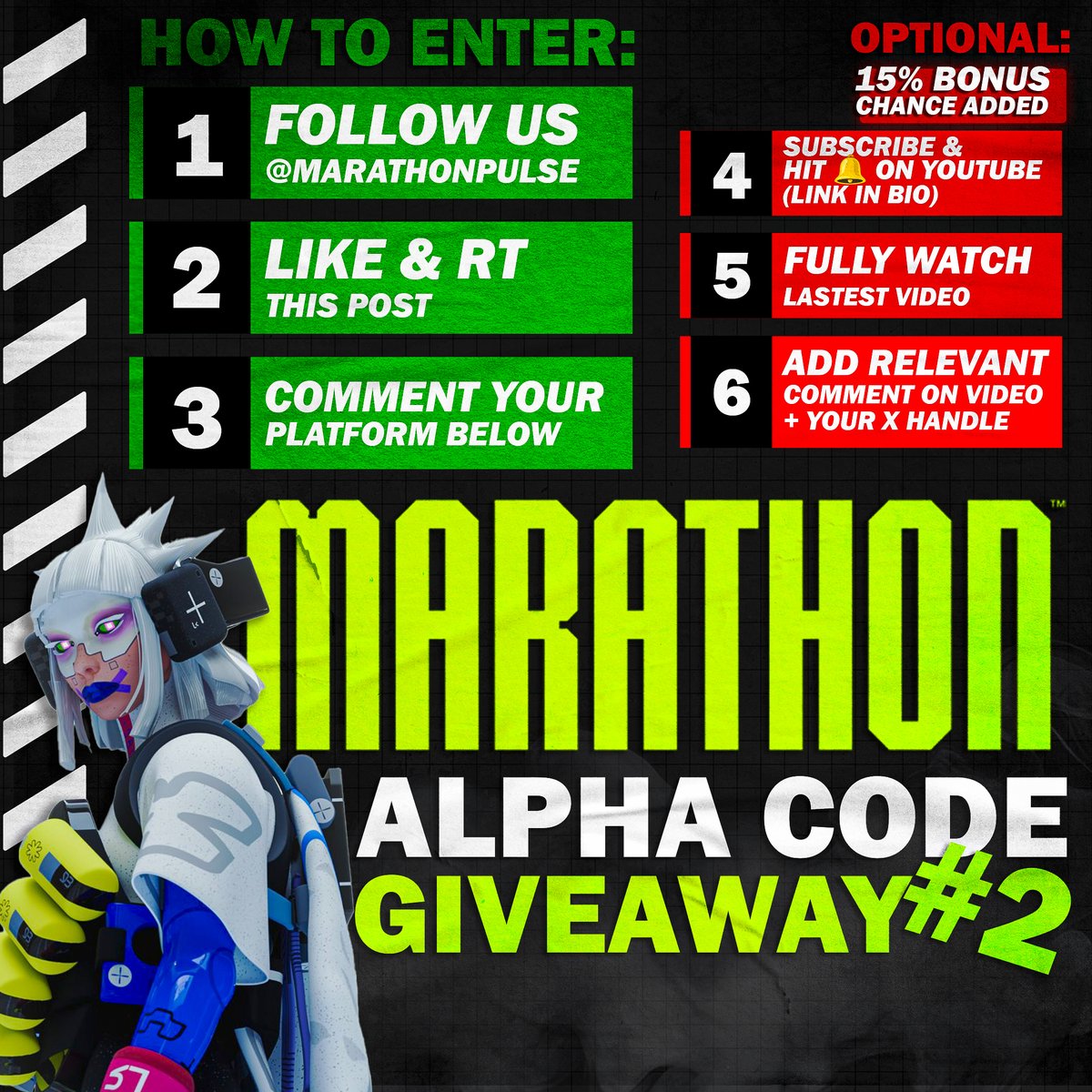 Marathon News & Leaks (@marathonpulse) on Twitter photo 🚨 FINAL Marathon Alpha Code Giveaway! 🚨
Alright runners, better late than never! Kicking off my LAST Marathon Alpha Code giveaway right now! Got ONE final code looking for a good home.
⬇️How to enter:
✅ Follow <a href="/MarathonPulse/">Marathon News & Leaks</a>
📷Like & RT this post
📝 Comment your platform 🚨 FINAL Marathon Alpha Code Giveaway! 🚨
Alright runners, better late than never! Kicking off my LAST Marathon Alpha Code giveaway right now! Got ONE final code looking for a good home.
⬇️How to enter:
✅ Follow <a href="/MarathonPulse/">Marathon News & Leaks</a>
📷Like & RT this post
📝 Comment your platform