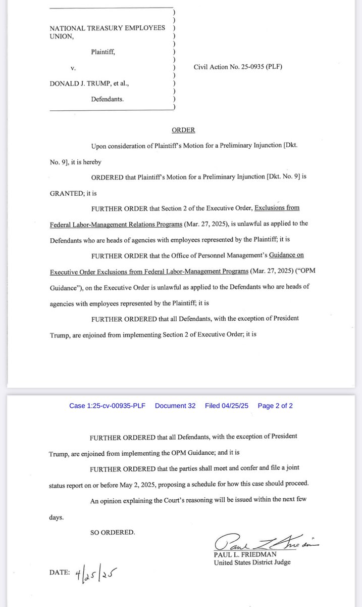 JUST IN: A federal judge has blocked the administration from enforcing President Trump‘s executive order aimed at gutting federal sector employee unions.