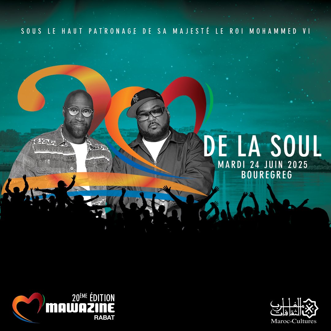 Festival Mawazine (@festmawazine) on Twitter photo 🎤🌍 Quand l’âme de la soul rencontre la puissance du hip-hop afro-américain .. <a href="/WeAreDeLaSoul/">De La Soul</a>
Le 24 juin, la scène du Bouregreg accueille une légende mondiale, maître du groove et pionniers du son East Coast. 🎤🌍 Quand l’âme de la soul rencontre la puissance du hip-hop afro-américain .. <a href="/WeAreDeLaSoul/">De La Soul</a>
Le 24 juin, la scène du Bouregreg accueille une légende mondiale, maître du groove et pionniers du son East Coast.