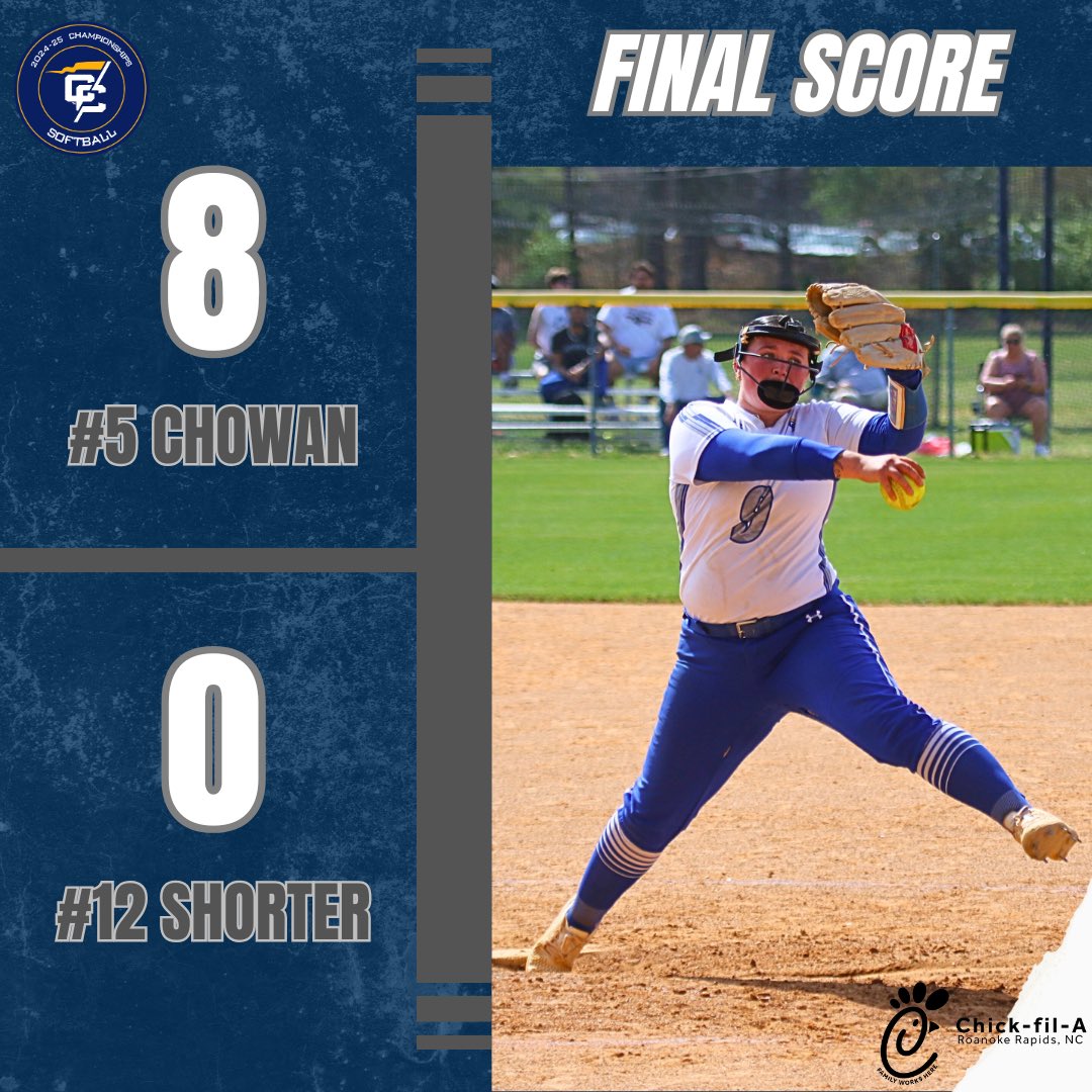 Chowan takes down Shorter in the Conference Carolinas play-in round behind a NO-HITTER from Haileigh Boone🔥🔥🔥

The Hawks will face #4 Mount Olive tonight at 6:30 PM!

Final presented to you by Chick-Fil-A of Roanoke Rapids