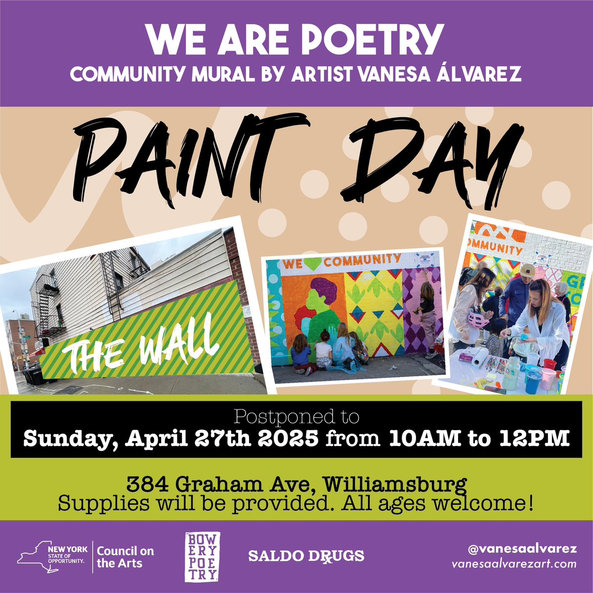 We are working hard to have everything ready for this weekend! Please, come and join us in our community paint day on SUNDAY. The project is funded by the New York State Council on the Arts through their individual artists grants.