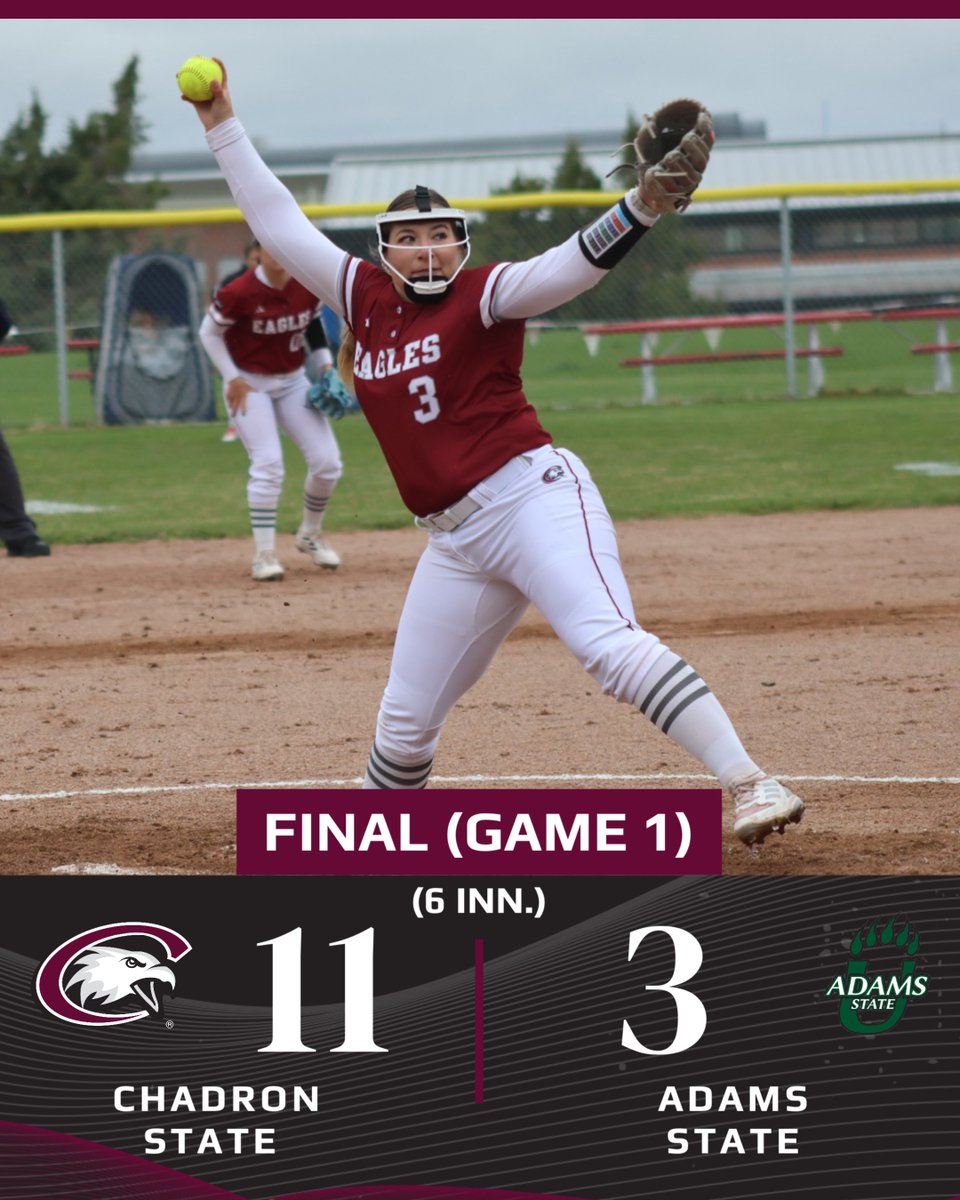 FINAL: EAGLES WIN! 
Chadron State 11, Adams State 3. 

J'lyssa Martinez: 3-4, 2 RBI
Tori Haug: 6 IP, 3 R, 6 H, 8 K 

Game two of the doubleheader will get underway in approximately 20 minutes on the RMAC Network.