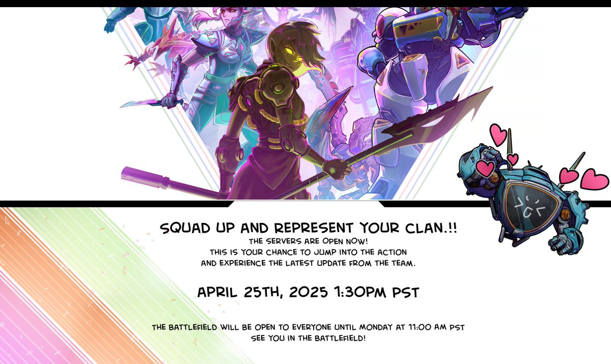 ⚔️ Squad up and Represent your clan!

The servers are OPEN NOW until Monday, April 28th at 11:00am PST — and this is your chance to jump into the action and experience the latest update from the Kaidro team! 💥

⚙️ Here’s what you can expect in this build: 
• See your
