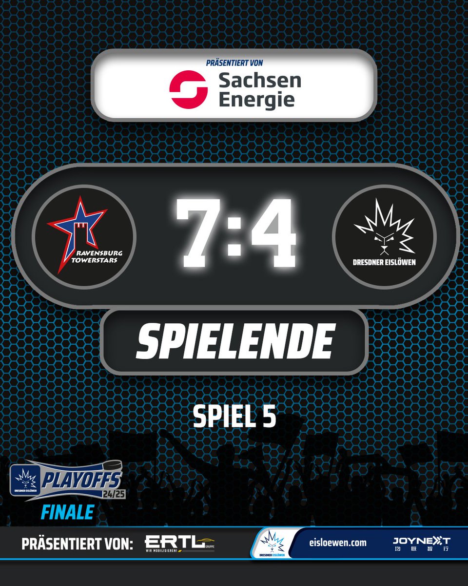 Wir ziehen in Ravensburg den Kürzeren, die Entscheidung in der Finalserie ist somit vertagt. Dann halt am Sonntag Zuhause, Spielbeginn ist um 17:00 Uhr, der Vorverkauf startet in Kürze!

#EislöwenRudel #DresdnerEislöwen #RVTvsDRE