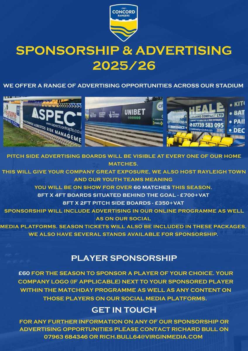 Concord Rangers First Team are looking for sponsors for 25/26 season. Anyone interested please get in touch with <a href="/Darran_JL/">Darran Leech</a>