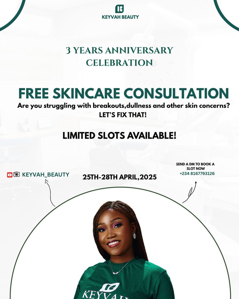 kayzywizzzy's tweet photo. What’s that skin concern that has been hindering your self confidence?

It’s high time you deal with that skincare concern.

KEYVAH is 3 this April and she has decided host free consultation sessions and free products recommendations.

Grab this opportunity and start your skincare journey this season and watch your skin glow!

Very few slots available 

She’ll be waiting in her Dm, send a DM to 08167793126 
Or this link👇🏾

https://t.co/RvMuVFnspR