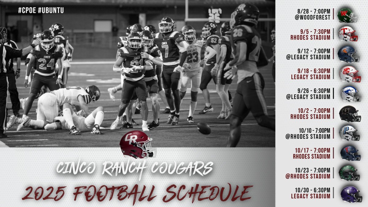 🚨 IT’S HERE! 🚨
The 2025 Cinco Ranch Cougar Football Schedule has officially dropped! 🐾🏈
Mark your calendars, Cougar Nation — it’s time to defend the den and make this season one to remember. 🔥 Let’s ride, Cougars! 🔥 #CPOE #Ubuntu #txhsfb