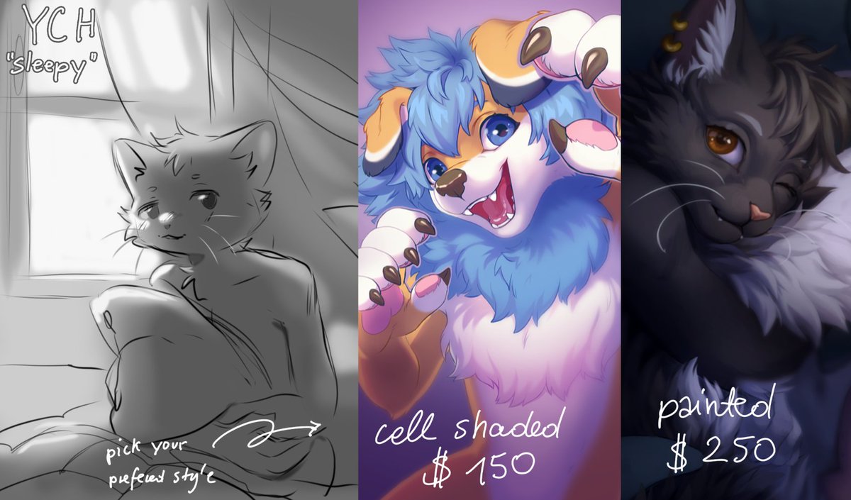 YCH I'd like to offer for May. :3 
Any species,gender, design is ok!
You can pick between cell shaded or painted finish, it will include background as well