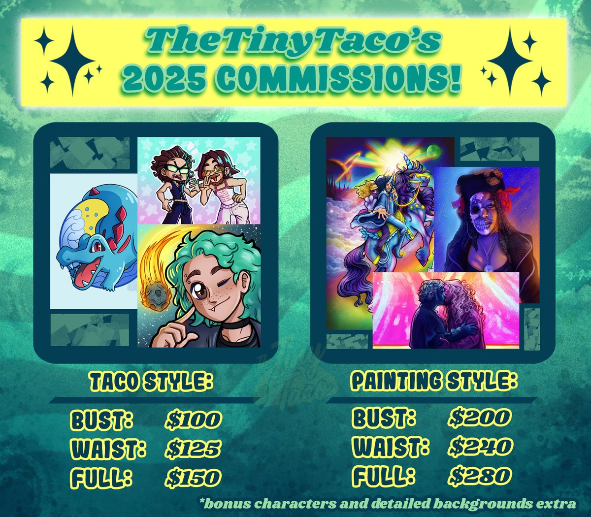 TheTinyTaco's tweet image. TheTinyTaco's 2025 commission sheet! ✨
My prices are back to full price, as now that I'm a parent, my time is much more limited! If you need something before a deadline, please let me know at least two weeks in advance! Dm or email for more info or questions~