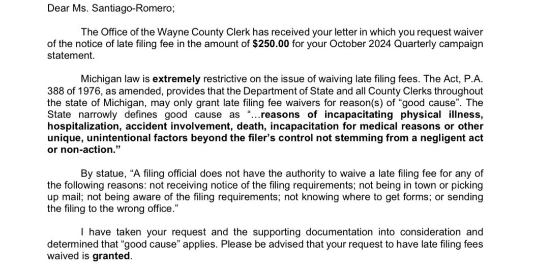 gabysantiromero's tweet image. I am happy that the erroneous late fee has been recognized as a mistake, and has been waived. Now I’m calling on the City Clerk’s Office to restore my name to ballot, given this result. This isn’t over. We’re waiting patiently and with hope.