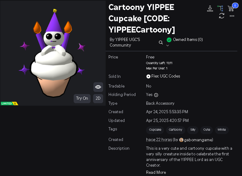 GaboButChill's tweet image. THE 2ND YIPPEE CUPCAKE IS OUT

Use the code &apos;&apos;YIPPEECartoony&apos;&apos; in this game to buy it!
(350 Robux Only!)
roblox.com/games/15108736…

This item will NOT have code drops, will be fully for an event hosted by me and @GucaIsHere 

More news about it coming soon.

#ROBLOX #RobloxFreeUGC