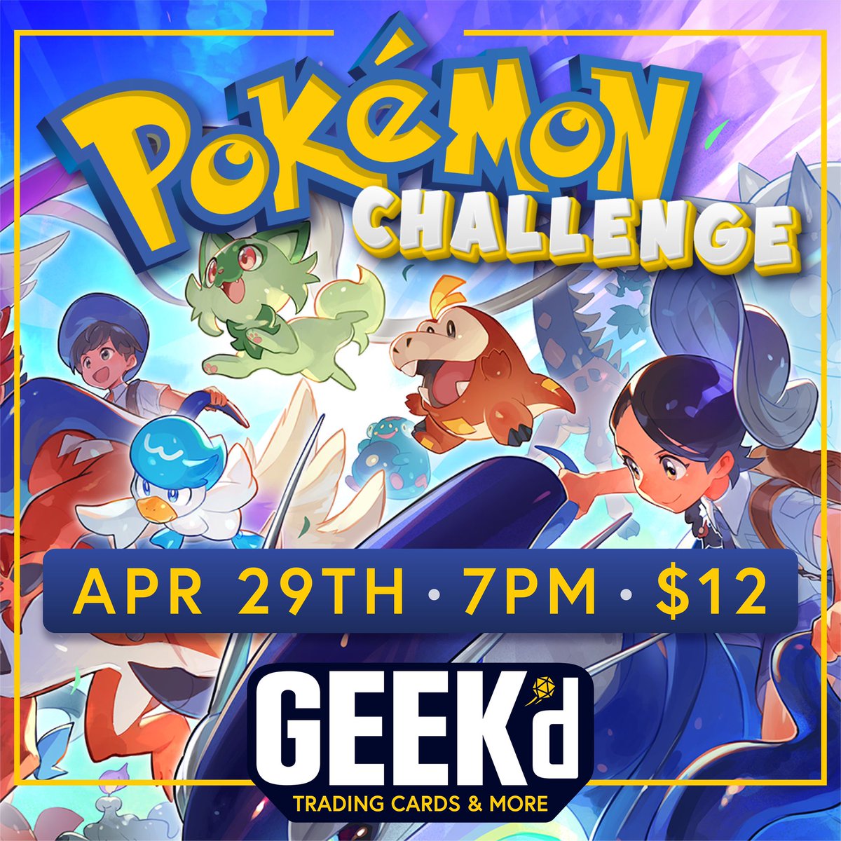 Get ready, Trainers!
Join us Tuesday, April 29 from 7–10 PM for a Pokémon Challenge tournament! Bring your best deck and compete for Championship Points on your journey to Worlds.

💥 $12 entry
📝 Deck list required
🌍 Championship Points on the line