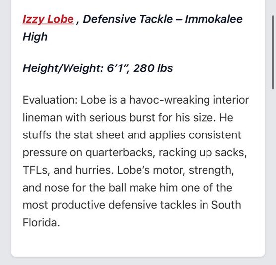 Thanks for the evaluations <a href="/PrepRedzoneFL/">Prep Redzone Florida</a> 
<a href="/Rivals/">Rivals</a> <a href="/247recruiting/">247Sports Recruiting</a> <a href="/247Sports/">247Sports</a> 
<a href="/larryblustein/">Blustein Recruiting</a> <a href="/ImmokaleeFB/">Immokalee High Football</a> <a href="/CoachDelgado61/">James C. Delgado</a>