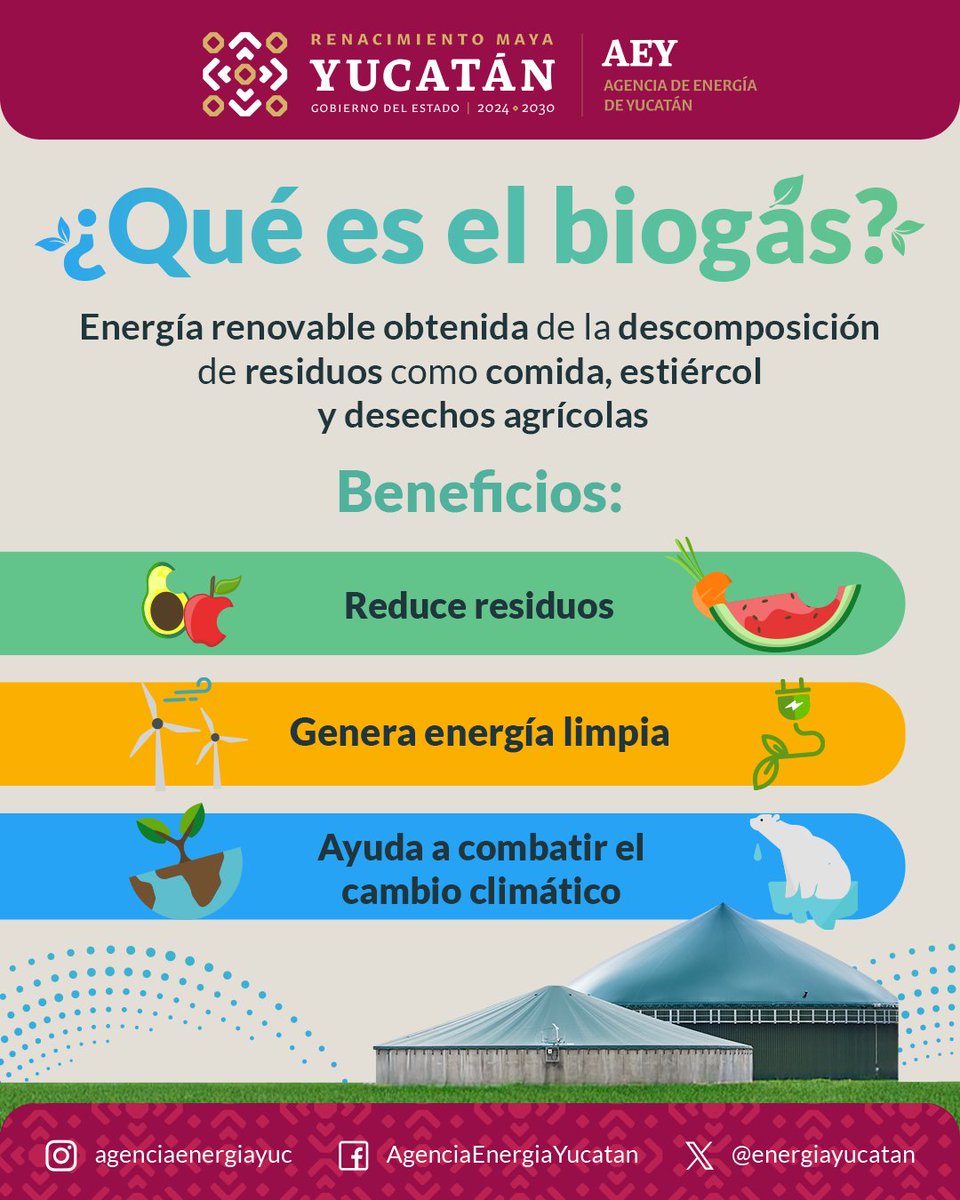 Transformar residuos en energía es posible.
El biogás aprovecha desechos orgánicos para generar energía limpia, reducir la contaminación y contribuir a un Yucatán más sustentable. ♻️

#Biogás #RenacimientoEnergético