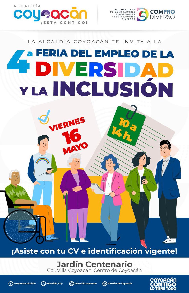 ¡Te esperamos! En la 4ª Feria del Empleo de la Diversidad y la Inclusión.♿️🏳️‍🌈
⭐️Asiste con tu CV actualizado e identificación vigente.

🗓️ 16 de mayo
⏰ 10 a 14 h
📍Jardín Centenario, Col. Villa Coyoacán

#CoyoacánContigoLoTieneTodo
