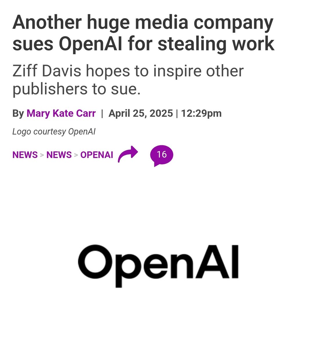 Aaaand another massive AI lawsuit just dropped 🔥

"Ziff Davis is one of the largest publishers in the U.S. with more than 45 sites globally, including IGN, CNET, Mashable, LifeHacker, and more."
