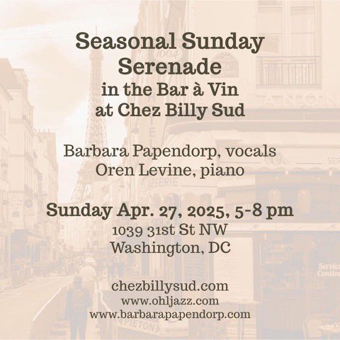 Ease into Sunday evening with live jazz, cozy vibes, and great cocktails at our wine bar.
Join us for Sunday Serenade with the talented Barbara Papendorp and Oren Levine, starting at 5PM.
No reservations required.
See you there!
#GeorgetownDC