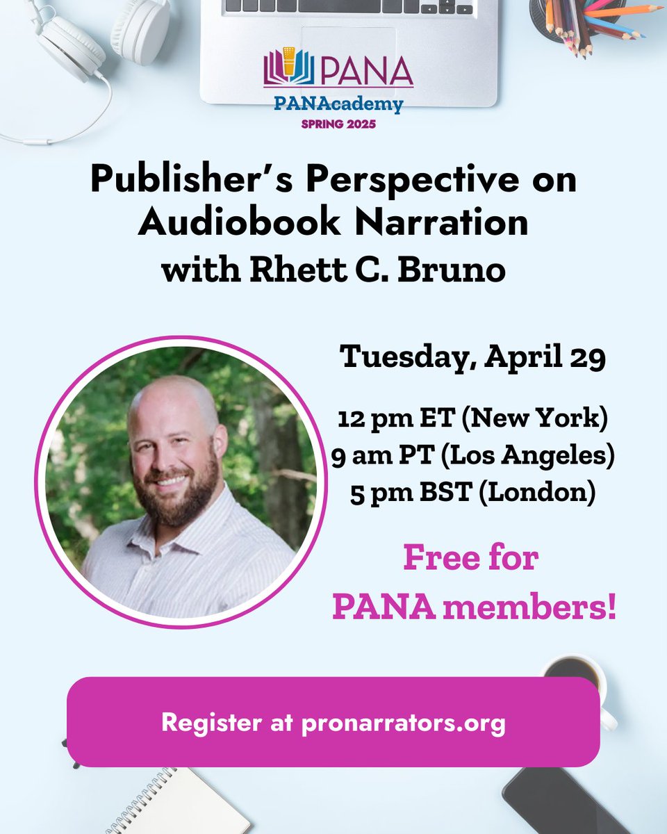 Don’t miss this FREE PANA webinar!  Join Aethon Books CEO and founder, Rhett C. Bruno, for a discussion about how publishers, especially independent ones, view narration, from the costs upfront to performance down the line.

#pronarrators #audiobooks #audiobooknarrator