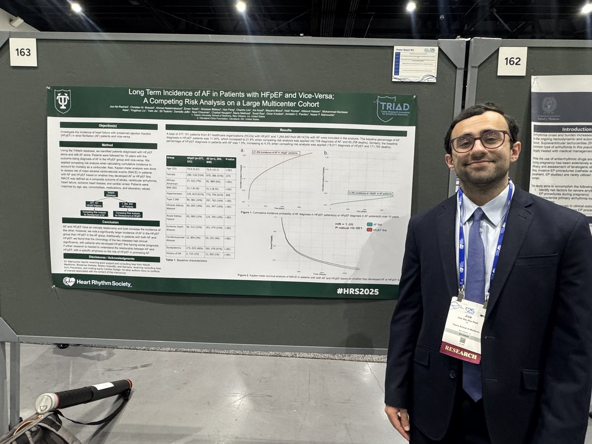 Mayana Bsoul (@bsoulmayana) on Twitter photo Great work by Joe Abi-Rached presenting the long-term incidence of AF and HFpEF!
•21.6% incidence of AFib in HFpEF patients
•4.3% incidence of HFpEF in AFib patients
Important insights into this two-way relationship! #HRS2025
<a href="/nmarrouche/">Nassir Marrouche</a> <a href="/TulaneMedicine/">Tulane Medicine</a> Great work by Joe Abi-Rached presenting the long-term incidence of AF and HFpEF!
•21.6% incidence of AFib in HFpEF patients
•4.3% incidence of HFpEF in AFib patients
Important insights into this two-way relationship! #HRS2025
<a href="/nmarrouche/">Nassir Marrouche</a> <a href="/TulaneMedicine/">Tulane Medicine</a>
