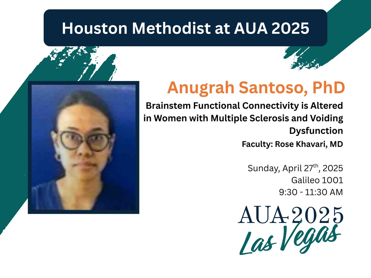 Join Anugrah Santoso at #AUA25 tomorrow presenting, "Brainstem Functional Connectivity is Altered in Women with Multiple Sclerosis and Voiding Dysfunction"

🕑 9:30 - 11:30 AM
🗺️ Galileo 1001
<a href="/AmerUrological/">Amer. Urol. Assn.</a> <a href="/rosekhavari/">Rose Khavari MD</a>