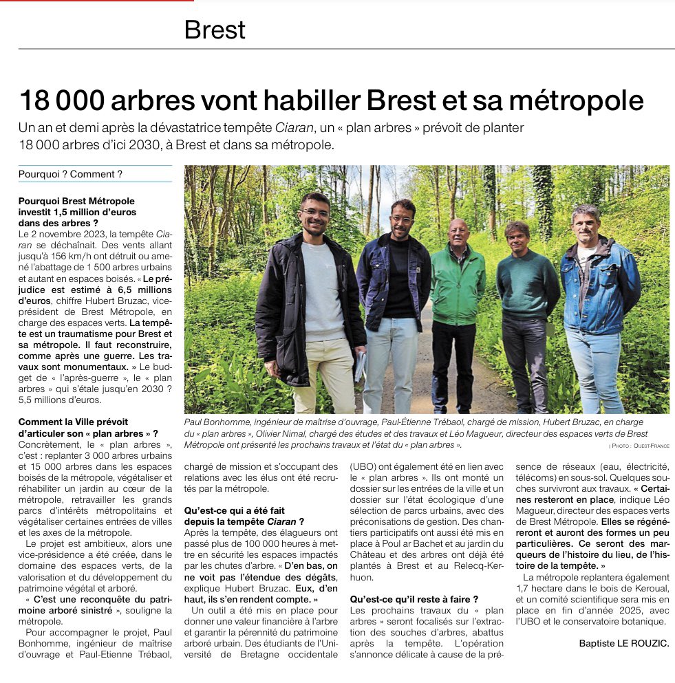 ✅Au total 18 000 arbres seront replantés d'ici à 2030
Prochaines étapes :
✅l’extraction des souches Opération délicate car présence des réseaux Électriques ,Eaux et Telecoms emprisonnés dans les racines 
<a href="/FCuillandre/">François Cuillandre</a> <a href="/UBO_UnivBrest/">UBO - Univ. Brest</a> @OuesFrance