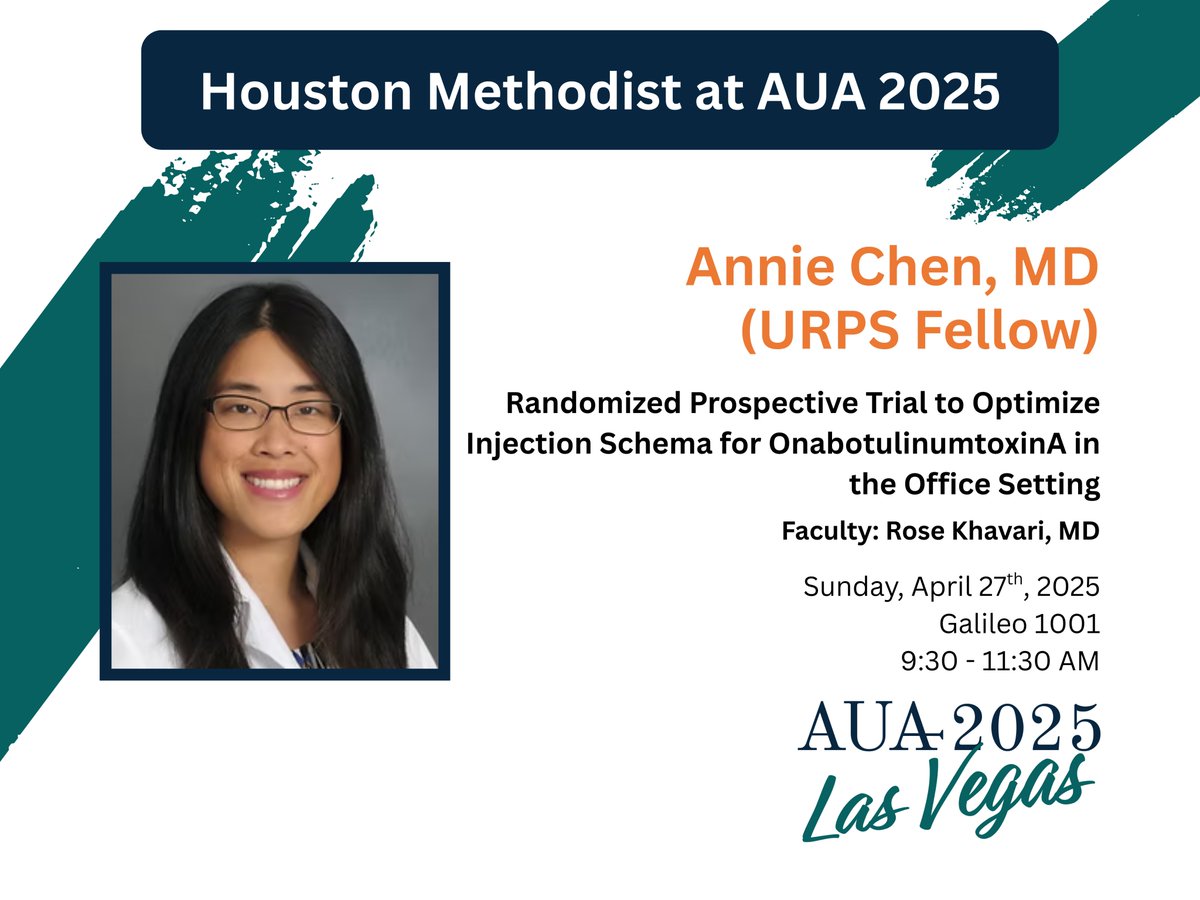 Houston Methodist Urology and Residency Program (@hmethodisturo) on Twitter photo Join <a href="/UroAnnie/">AnnieChenMD</a> at #AUA25 tomorrow presenting, "Randomized Prospective Trial to Optimize Injection Schema for OnabotulinumtoxinA in the Office Setting"
🕑 9:30 - 11:30 AM
🗺️ Galileo 1001
<a href="/AmerUrological/">Amer. Urol. Assn.</a> <a href="/rosekhavari/">Rose Khavari MD</a> Join <a href="/UroAnnie/">AnnieChenMD</a> at #AUA25 tomorrow presenting, "Randomized Prospective Trial to Optimize Injection Schema for OnabotulinumtoxinA in the Office Setting"
🕑 9:30 - 11:30 AM
🗺️ Galileo 1001
<a href="/AmerUrological/">Amer. Urol. Assn.</a> <a href="/rosekhavari/">Rose Khavari MD</a>