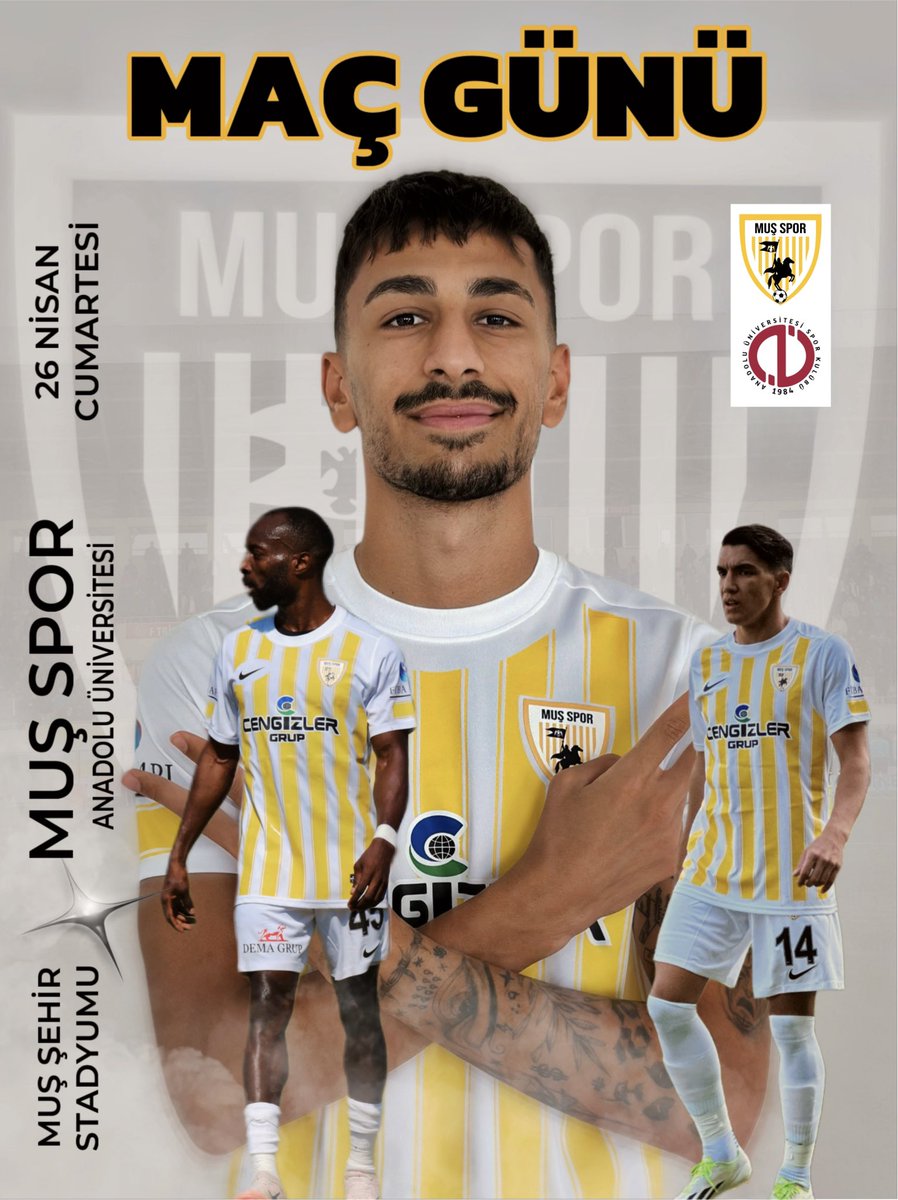 MAÇ GÜNÜ💛🤍
🏆TFF 3.Lig 30.Hafta 
🆚Anadolu Üniversitesi 
🗓️26 NİSAN CUMARTESİ 
⏰15:00
🏟️Muş Şehir Stadyumu