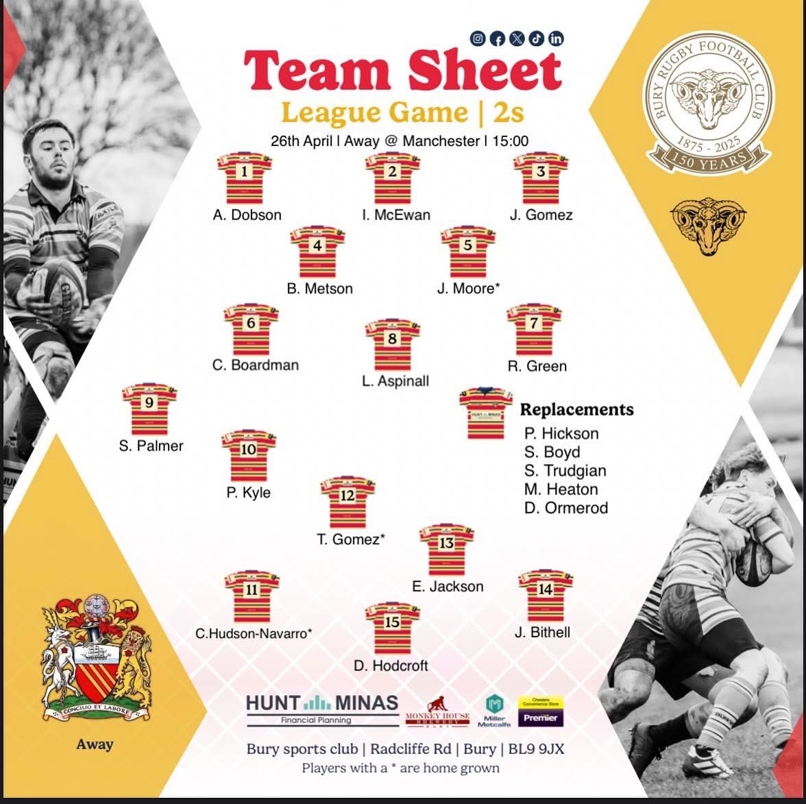 🚨 Team News! 🚨 

Here’s how the teams line up this weekend as the First Team welcome @oldotliensiansrufc in the #papajohnscup and the Second Team travel to @mrc1860 to take on The Hawks in their last game of the season!

#rugby #rugbyunion #grassrootsrugby #bury