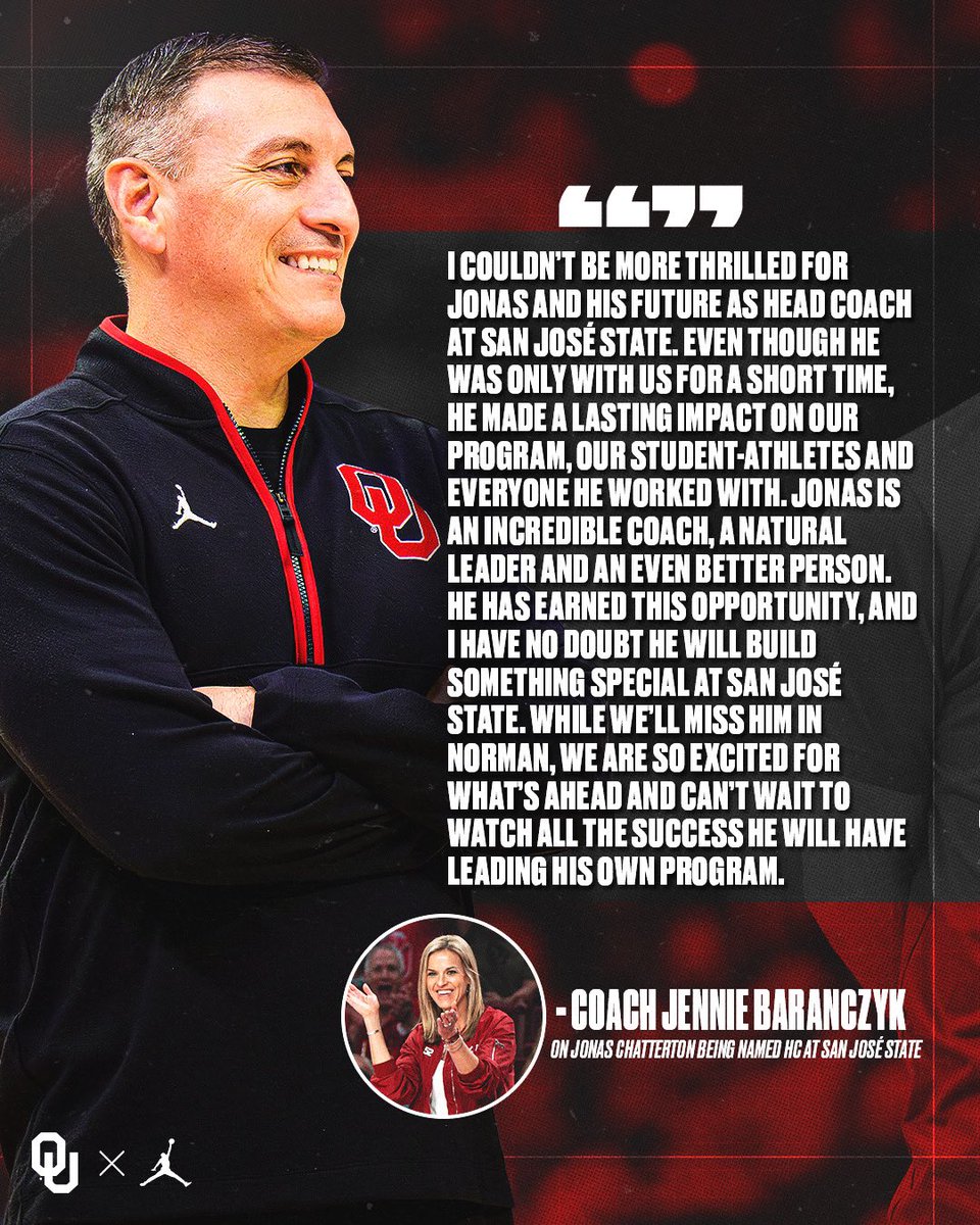 Oklahoma Basketball (@ou_wbball) on Twitter photo A big impact in a small time.
From Coach Jennie, all of us and Sooner Nation…congratulations Coach <a href="/jonaschatterton/">Jonas Chatterton</a>! A big impact in a small time.
From Coach Jennie, all of us and Sooner Nation…congratulations Coach <a href="/jonaschatterton/">Jonas Chatterton</a>!