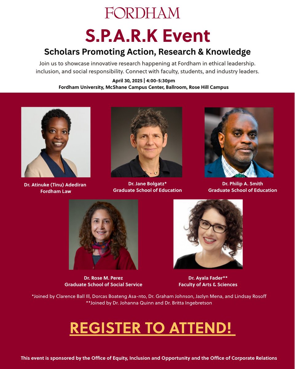 Join us for S.P.A.R.K. at Fordham! 🔥
Spotlight research on ethical leadership, inclusion &amp; social responsibility. Don't miss it!
🗓 4–5 PM: Presentations
🥂 5–5:30 PM: Networking
bit.ly/4jqTxKu
#SPARK2025 #FordhamUniversity #DEI #Leadership #SocialImpact
