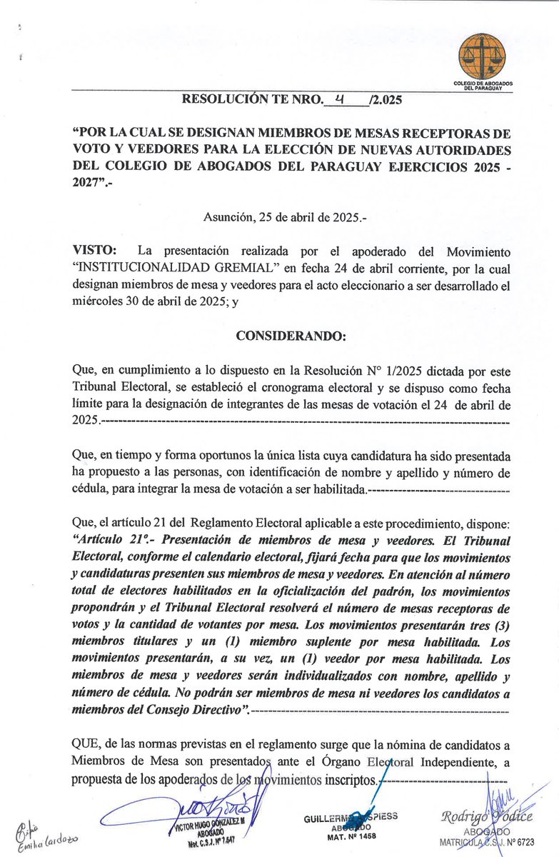 CAP_py's tweet image. Resoluciones Nros. 3/25 y 4/25 del Tribunal Electoral; a través de las cuales de oficializan las candidaturas para el periodo 2025/2025 y se designan miembros de mesas y veedores, respectivamente.