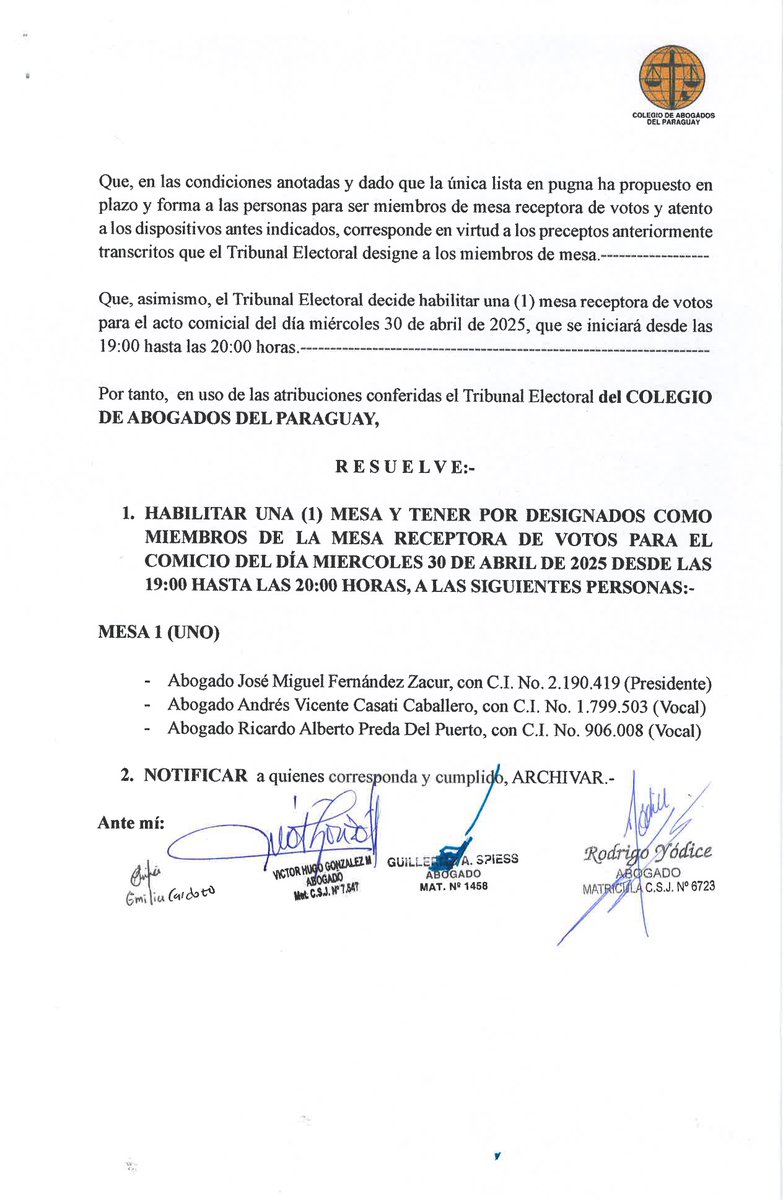CAP_py's tweet image. Resoluciones Nros. 3/25 y 4/25 del Tribunal Electoral; a través de las cuales de oficializan las candidaturas para el periodo 2025/2025 y se designan miembros de mesas y veedores, respectivamente.