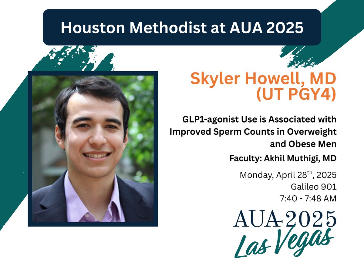 Houston Methodist Urology and Residency Program (@hmethodisturo) on Twitter photo Join <a href="/SkylerHowell17/">Skyler Howell, MD</a> at #AUA25 tomorrow presenting, "GLP1-agonist Use is Associated with Improved Sperm Counts in Overweight and Obese Men"
🕑 7:40 - 7:48 AM
🗺️ Galileo 901
<a href="/AmerUrological/">Amer. Urol. Assn.</a> <a href="/AkhilMuthigi/">Akhil Muthigi, MD</a> Join <a href="/SkylerHowell17/">Skyler Howell, MD</a> at #AUA25 tomorrow presenting, "GLP1-agonist Use is Associated with Improved Sperm Counts in Overweight and Obese Men"
🕑 7:40 - 7:48 AM
🗺️ Galileo 901
<a href="/AmerUrological/">Amer. Urol. Assn.</a> <a href="/AkhilMuthigi/">Akhil Muthigi, MD</a>