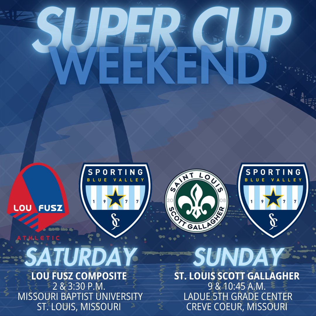 Sporting BV 09 ECNL (@sbv09_ecnl) on Twitter photo 💠SEE US IN ST. LOUIS💠 Two big <a href="/SPORTINGBV/">SPORTING Blue Valley</a> Super Cup games in the Lou.
Saturday
🆚<a href="/LouFuszSoccer/">Lou Fusz Soccer Club</a>
⏰2 & 3:30 p.m.
🏟️@MBUWSoccer
📍St. Louis
👕All Navy🔵
Sunday
🆚<a href="/SLSGSoccerClub/">Scott Gallagher Soccer Club</a>
⏰9 & 10:45 a.m.
🏟️Ladue 5th Grade Center
📍Creve Coeur, Missouri
👕All White🧊
<a href="/SBV_ECNL/">Sporting Blue Valley ECNL</a> <a href="/sbv07/">Sporting Blue Valley ECNL 06/07</a> 💠SEE US IN ST. LOUIS💠 Two big <a href="/SPORTINGBV/">SPORTING Blue Valley</a> Super Cup games in the Lou.
Saturday
🆚<a href="/LouFuszSoccer/">Lou Fusz Soccer Club</a>
⏰2 & 3:30 p.m.
🏟️@MBUWSoccer
📍St. Louis
👕All Navy🔵
Sunday
🆚<a href="/SLSGSoccerClub/">Scott Gallagher Soccer Club</a>
⏰9 & 10:45 a.m.
🏟️Ladue 5th Grade Center
📍Creve Coeur, Missouri
👕All White🧊
<a href="/SBV_ECNL/">Sporting Blue Valley ECNL</a> <a href="/sbv07/">Sporting Blue Valley ECNL 06/07</a>