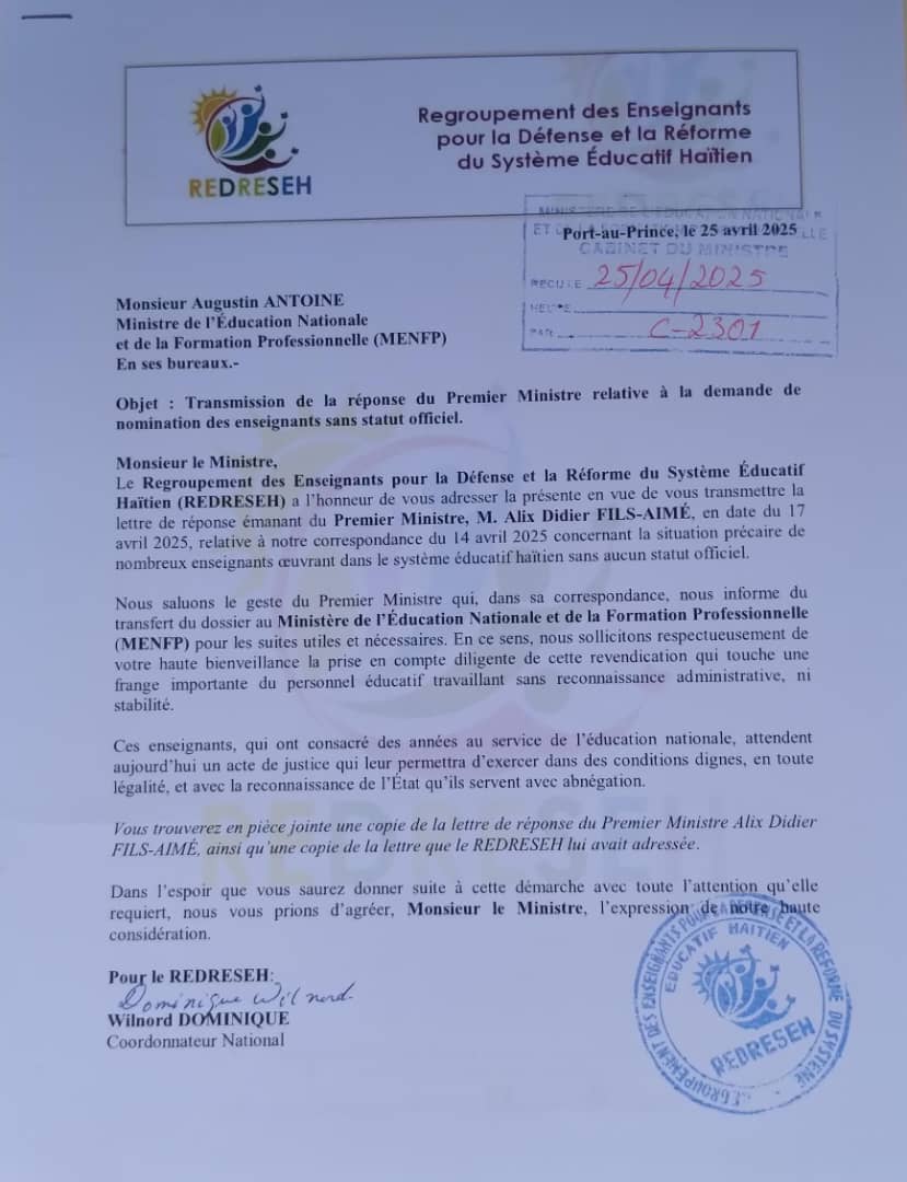 REDRESEH's tweet photo. Le REDRESEH informe qu’un accusé de réception a été délivré suite à la lettre adressée au ministre Augustin ANTOINE (MENFP).
Elle porte sur les dossiers de nomination et les revendications des enseignants.
En attente d’une suite favorable.
#REDRESEH #MENFP #Éducation https://t.co/ymrnhMjUTC