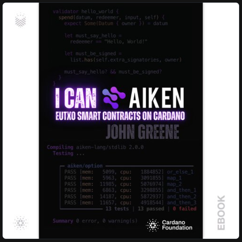 CrispyCreps10's tweet image. John, thank you so much for the gift! @CardanoBook 🫡

If you&apos;re a developer looking to build on Cardano, or interested in learning about EUTXO smart contracts on Cardano... this is your MUST read guide to learn all about it! #sharingknowledge

@book_io @Cardano_CF @aiken_eng