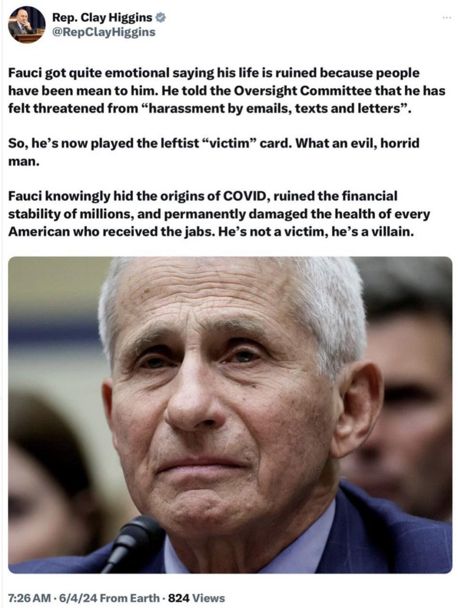 Clay Higgins says Anthony Fauci is evil, not a victim. Do you agree?